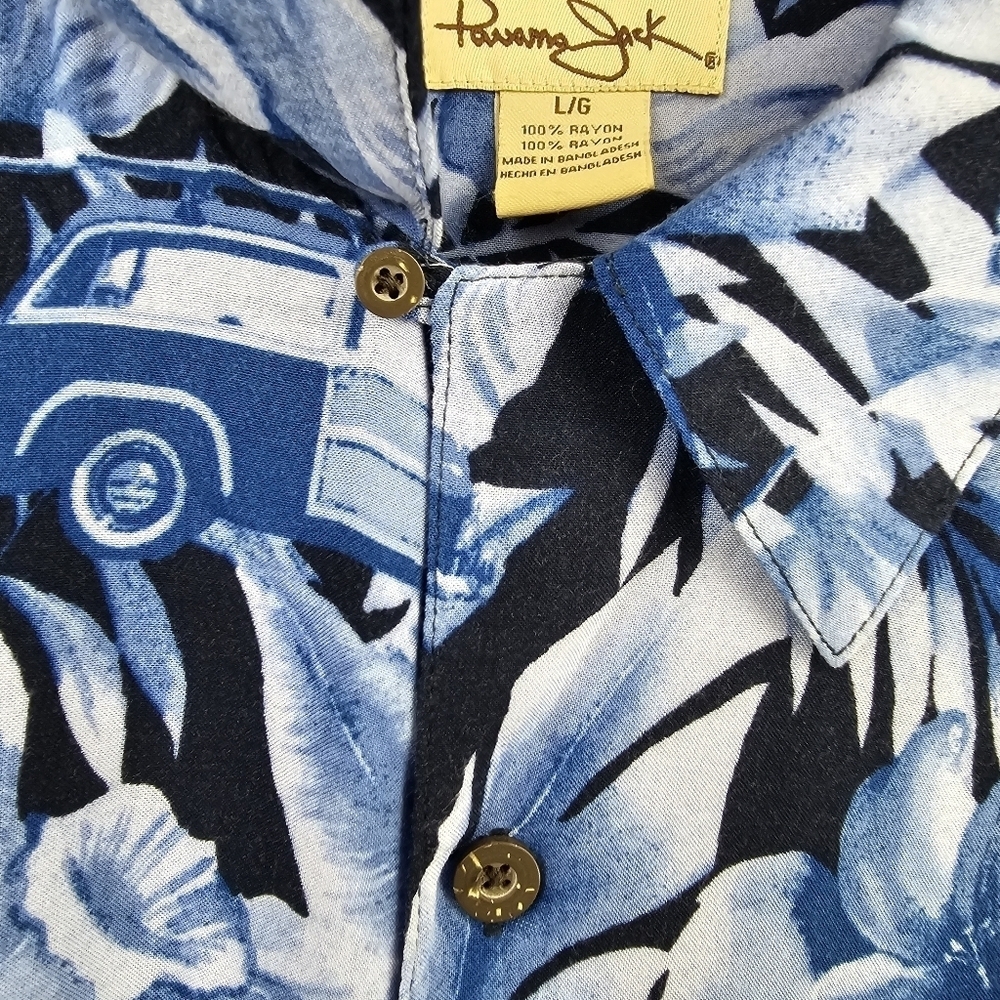 PANAMA JACK Short Sleeve Button-up Shirt Floral/Cars Print Blue Mens Sz L - Picture 5 of 12